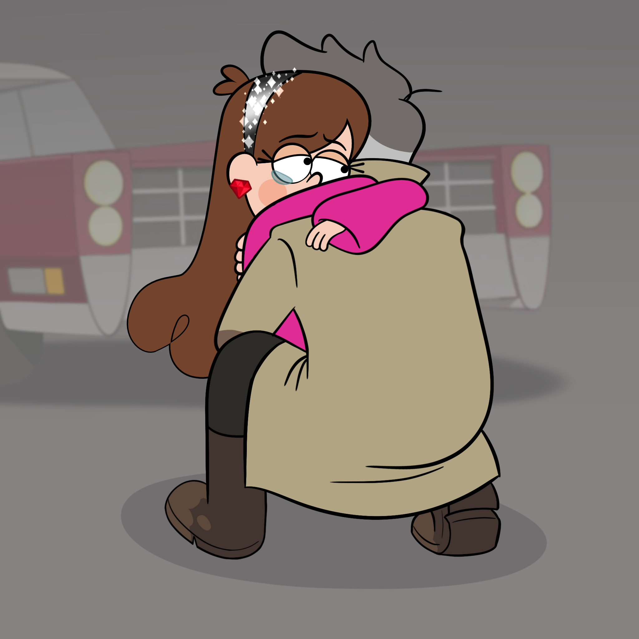 Digital drawing of Ford Pines (seen from behind) kneeling down to hug Mabel, who's hugging him back and tearing up. Stan's car is parked behind them.