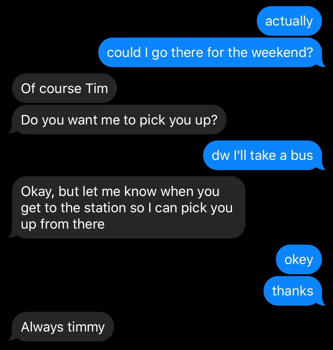 dick accpects and tim says he'll take a bus