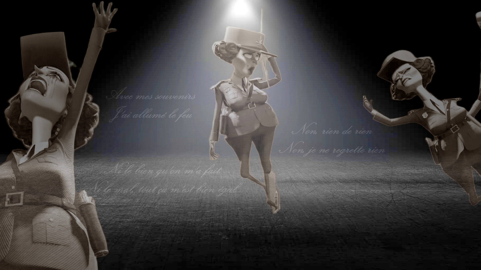 Chantal Dubois performing Non, Je Ne Regrette Rien. Three images of Chantal Dubois lightened using HDR and Sepia tones against a grey scaled empty stage and single spotlight. The text Non, rien de rienNon, je ne regrette rien. Ni le bien qu'on m'a fait Ni le mal, tout ça m'est bien égal. Avec mes souvenirs J'ai allumé le feu in Kunstler MT font at 50% opacity and blended using soft light.