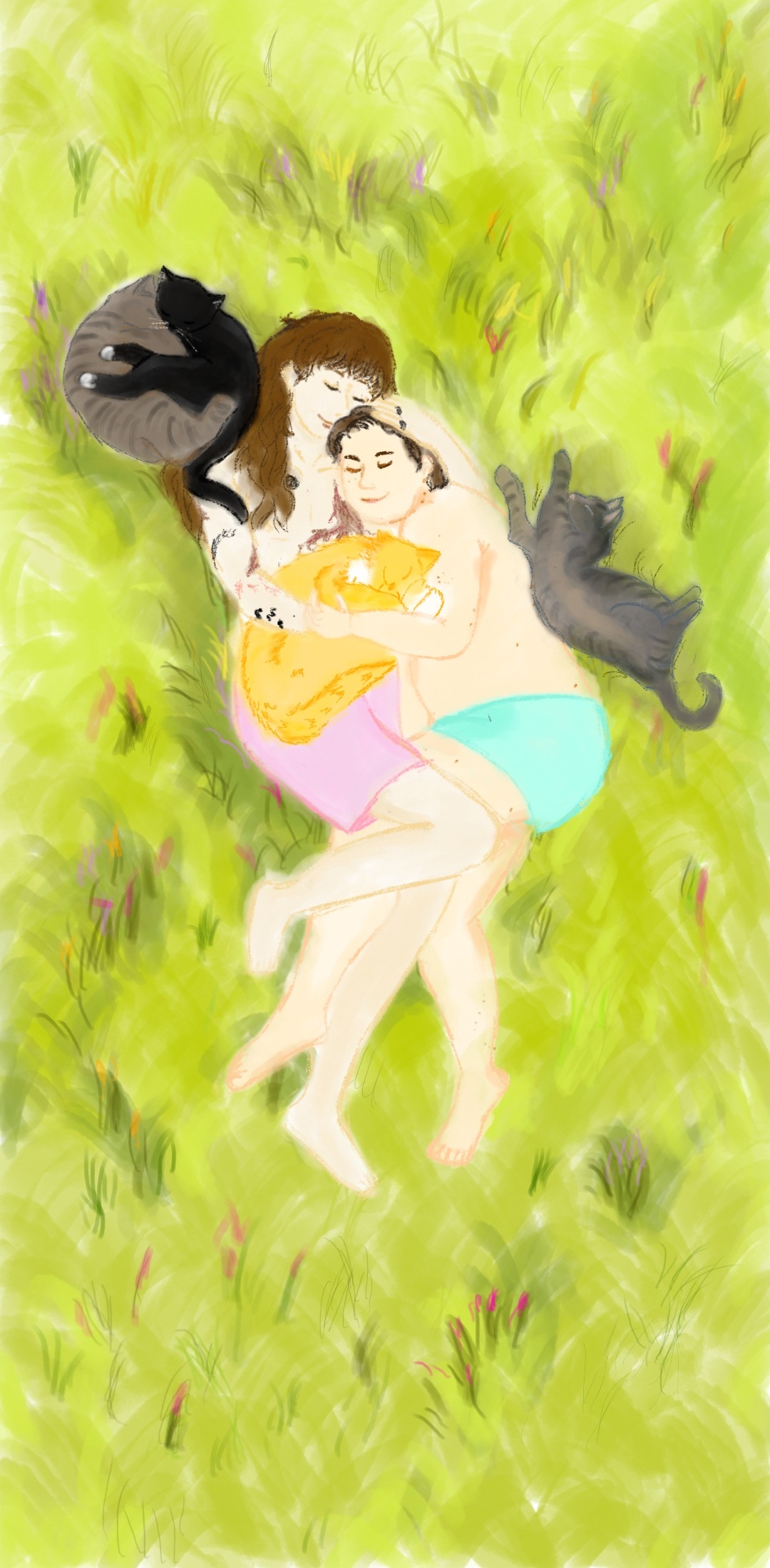 Two men lie holding each other in the grass, one who is chubby with short hair wearing only blue shorts and the other skinny with long hair and arm tattoos wearing only pink shorts. Two cats (a tabby and a tuxedo) lie curled together by the long-haired man's head, one orange cat lays between the two men, and one tabby lays against the chubby man's back