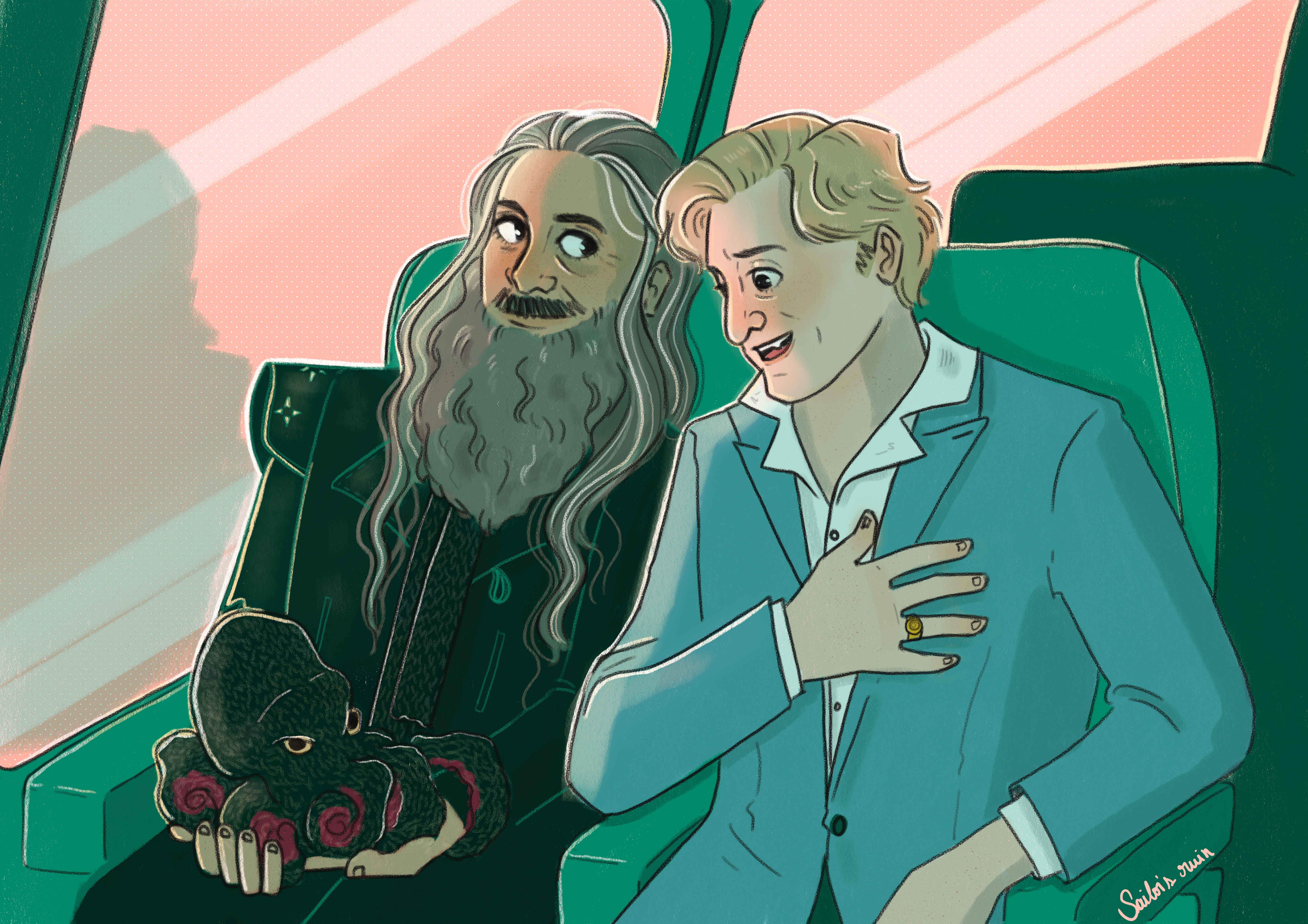 Ed and Stede from OFMD. Ed is sitting to Stede's right on a bus. He's wearing his leathers and a black scarf. He's holding a black and reddish-purple knit Octopus named Kraken. Stede is wearing a teal sport coat and looking at Kraken with delight, hand to his chest. There's pink lighting coming through the window.