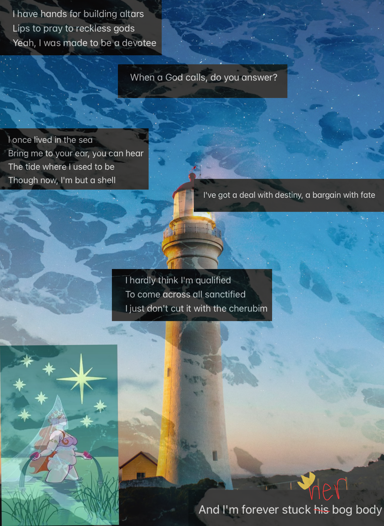 Lighthouse image in the background covered by many lyrics to various songs as well as the star tarot card and over top everything is a light layer of the sea
