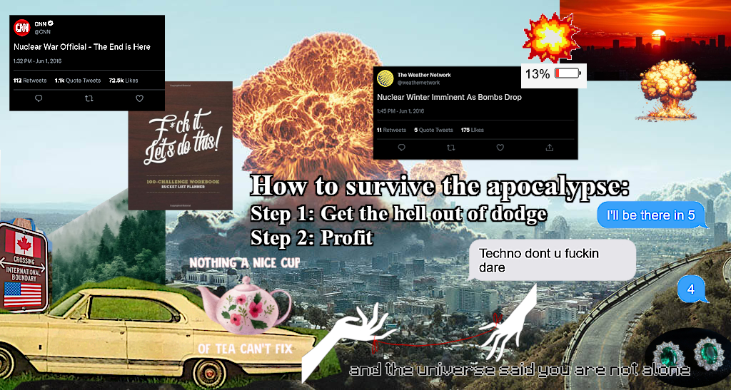 Web weave with a background of an explosion, a car driving off into a forest, several tweets declaring the end of the world, and a pair of texts of technoblade informing phil he's coming to get him