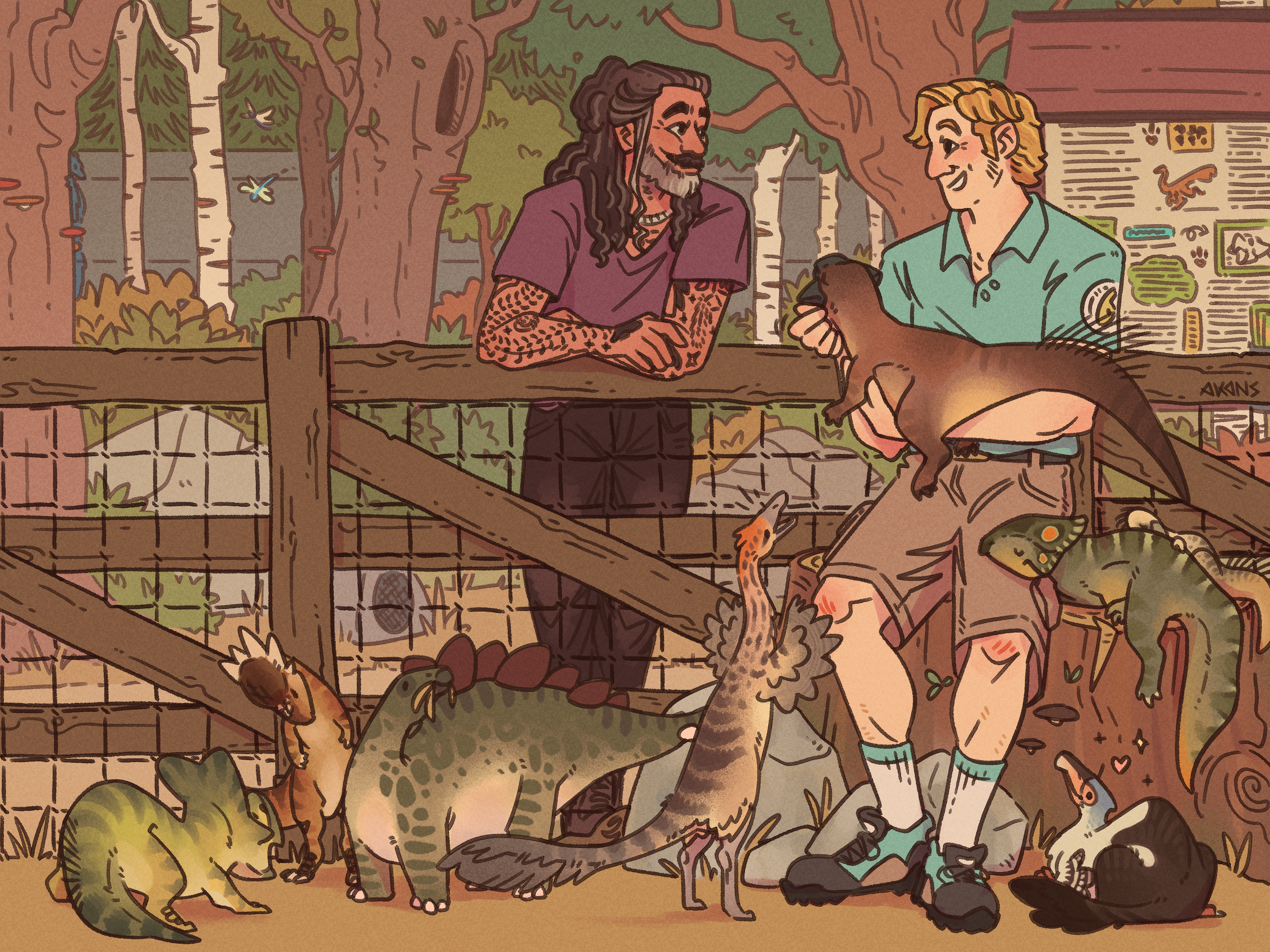 Ed, dressed in a purple t-shirt and black jeans, leans on the fence of an enclosure. Inside the enclosure, Stede, wearing an ARCPES uniform, which is a teal t-shirt and brown shorts, holds the baby Psittacosaurus while the rest of the baby dinosaurs mingle by his feet.