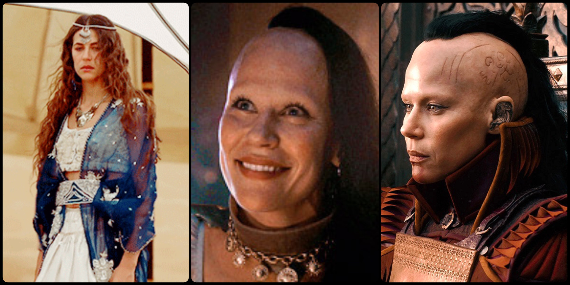 Three images of brunette warrior priestess.