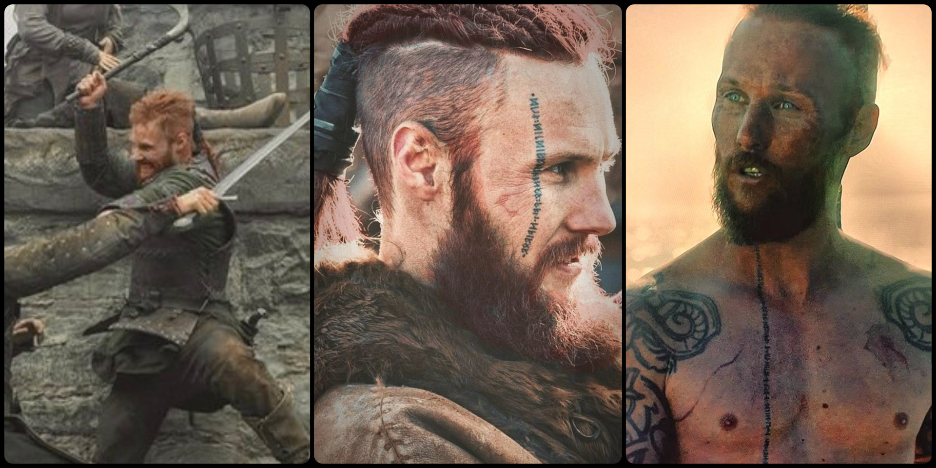 Three images of Viking-type warrior
