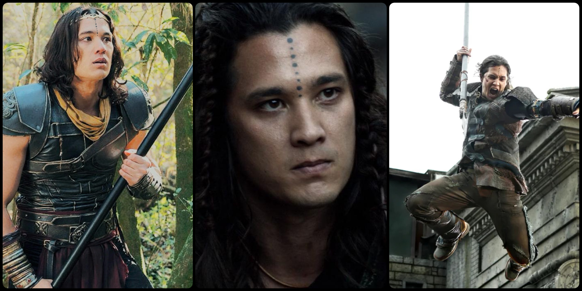 Three images of staff wielding warrior.