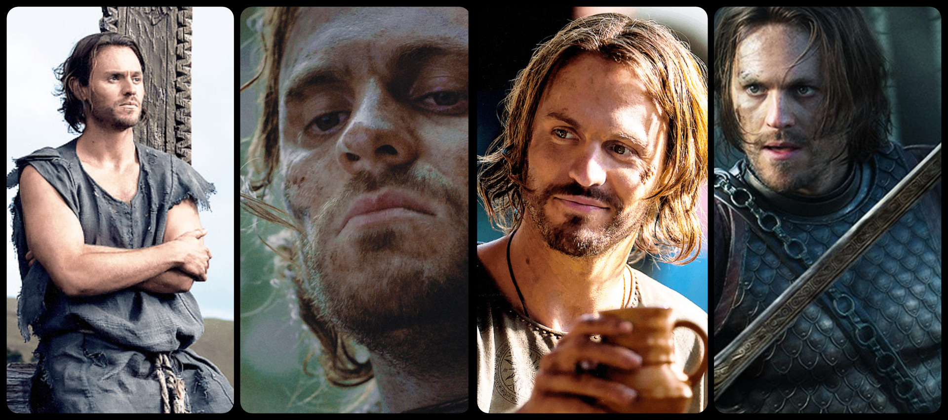 Banner. Four photos of Viking-like warrior.