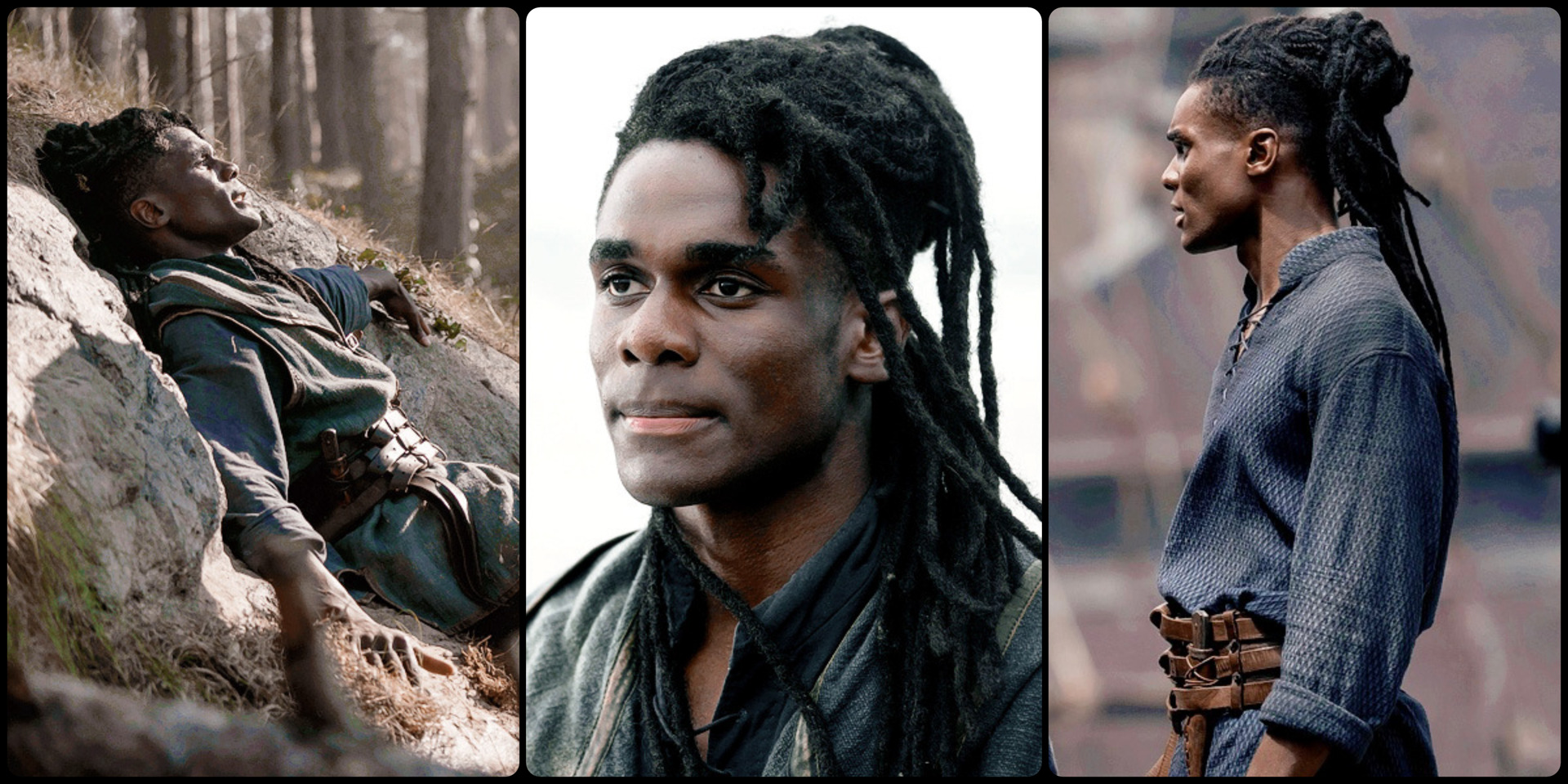 Three photos of long haired man.