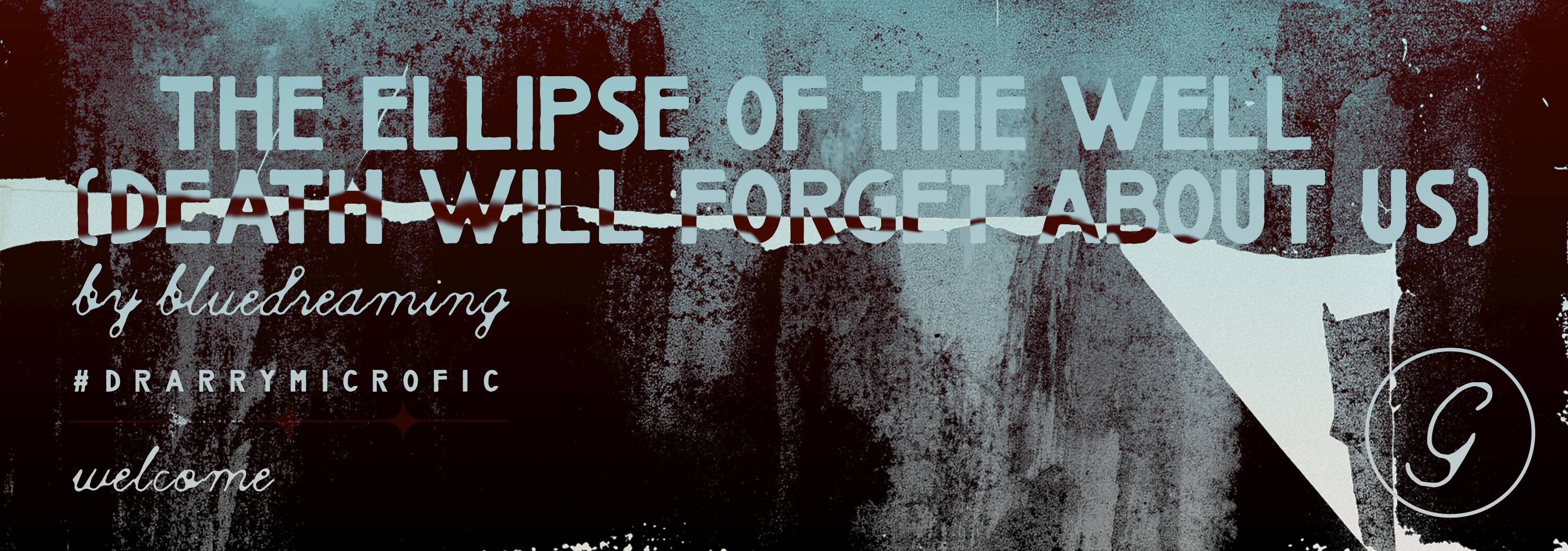 fic credits as per ao3 header, the background is a blue-ish texture that looks like a crack in the world, with the darkness tinged red, and a cliff slope leading down to the right.
