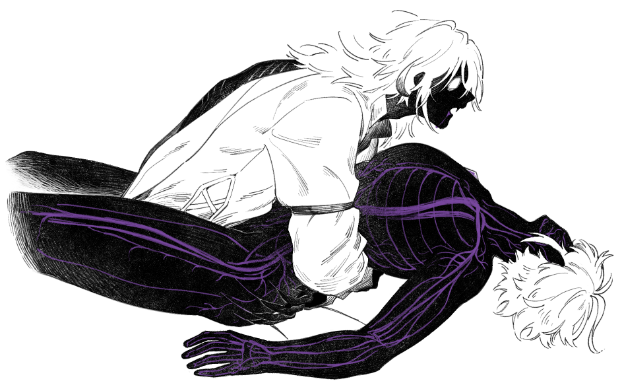 Black, white, and purple illustration of  the vampire Kaveh holding his thrall, Alhaitham. Drawn by lalamilali.