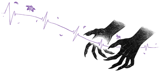 Black, white, and purple illustration of Kaveh's hands cupping, but not touching, the image of a purple ECG trace representing Alhaitham's heartbeat. Also, there are purple petals. Drawn by lalamilali.