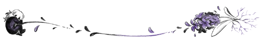 Black, white, and purple illustration of a tiny Kaveh to the left, leading with swooping lines and petals to a hyacinth to the right, delineating a scene transition. Drawn by lalamilali.
