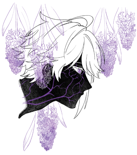 Black, white, and purple illustration of Alhaitham surrounded by hyacinths. There are purple veins on his face. Drawn by lalamilali.