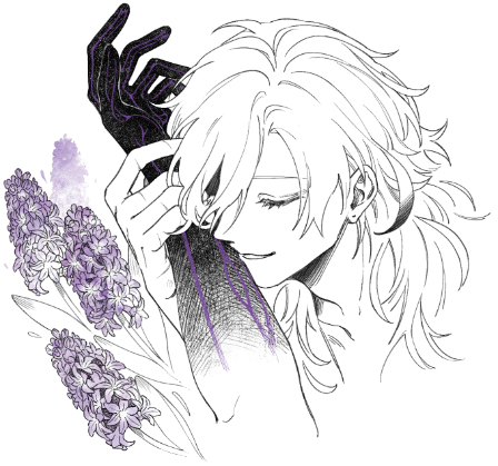 Black, white, and purple illustration of Kaveh, nuzzling Alhaitham's arm, on which are depicted purple veins. Drawn by lalamilali.