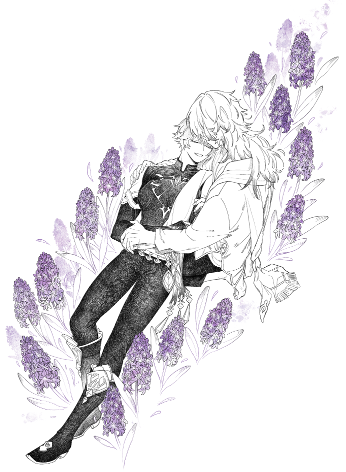 Black, white, and purple illustration of Kaveh, holding Alhaitham. Kaveh's expression can't be seen but Alhaitham's can—and he is smiling. Drawn by lalamilali.