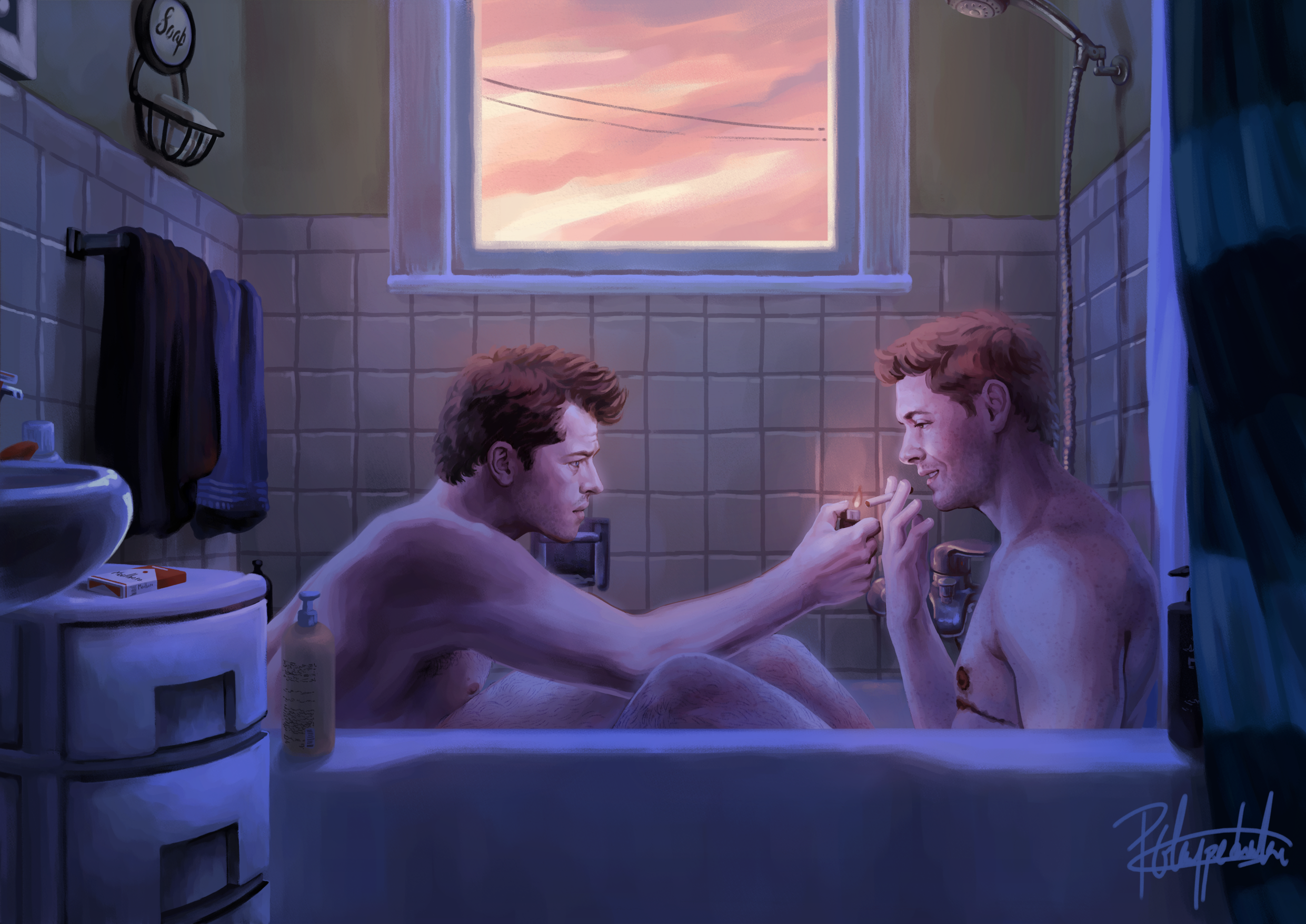 Cas and Dean sitting in the bath together. Their legs are tangled in the middle and Cas is holding a lighter up to the cigarette in Dean's mouth