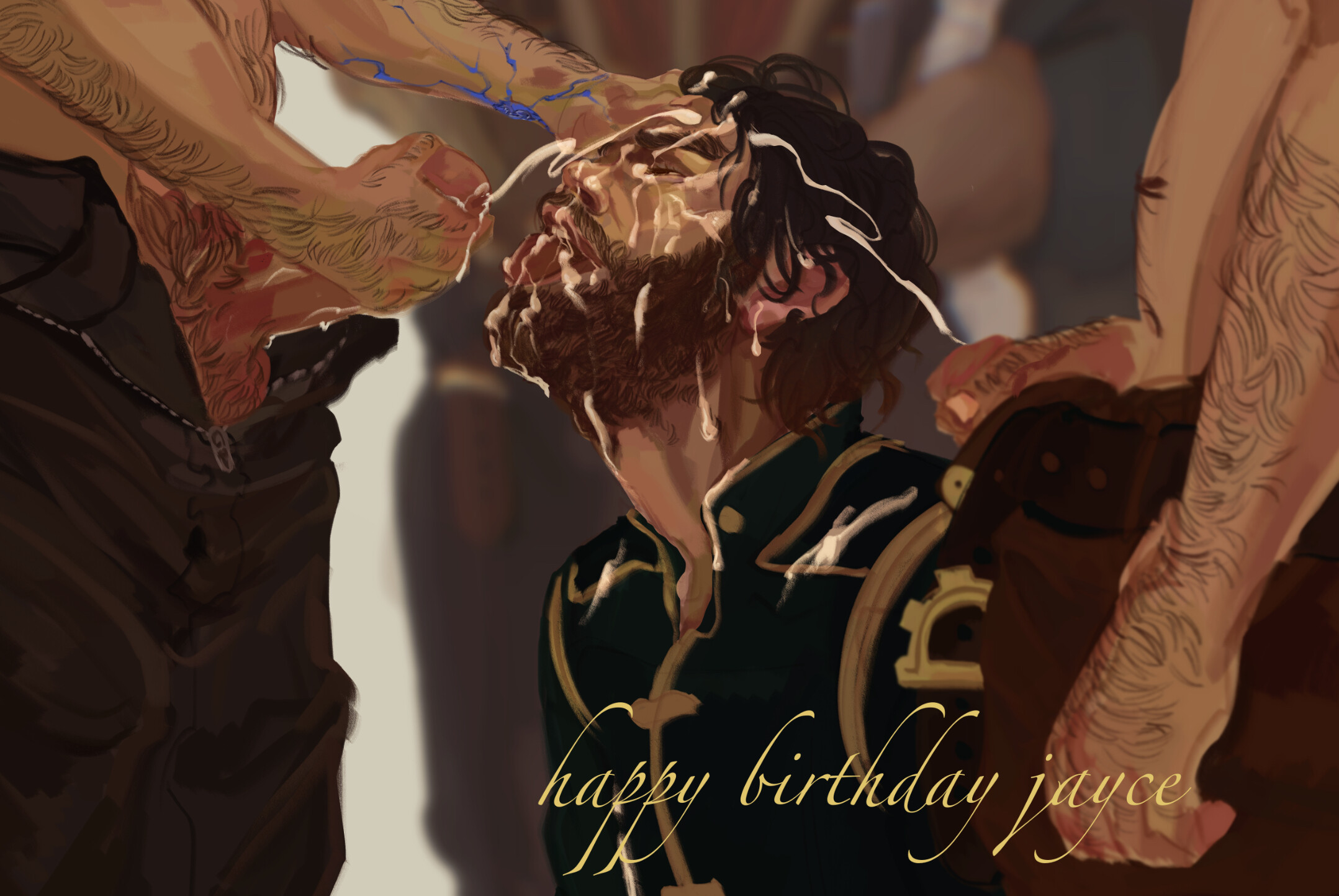 S2 Jayce looking positively euphoric and very deep into subspace, is getting bukkaked by jayce gioporia, brighthammer jayce, resistance jayce, and arcane savior jayce while arcane savior jayce is holding his head up fingers on his forehead, wiping the loads of cum there 