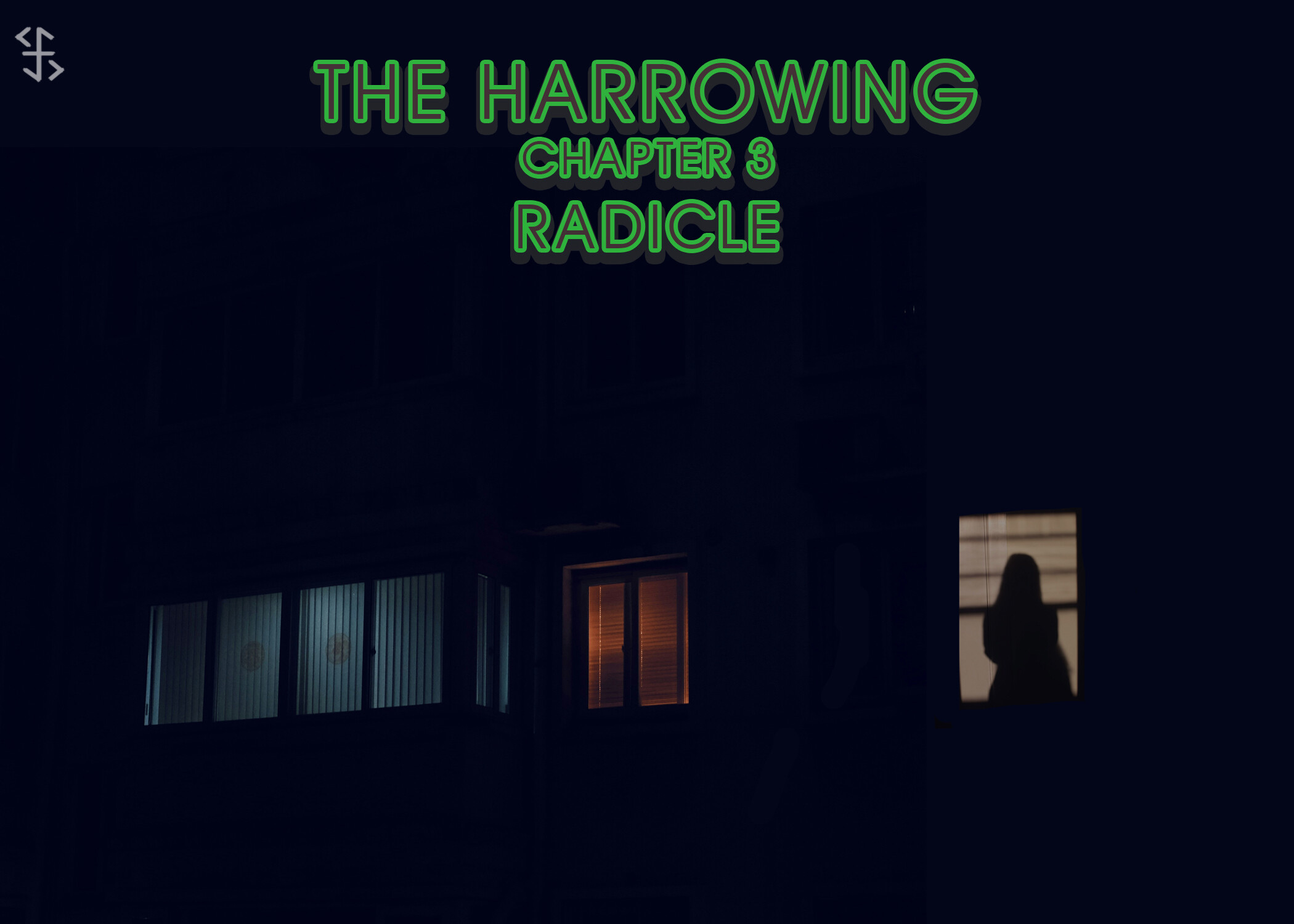 Three dimly lit windows on a black background, one with the silhouette of a woman 