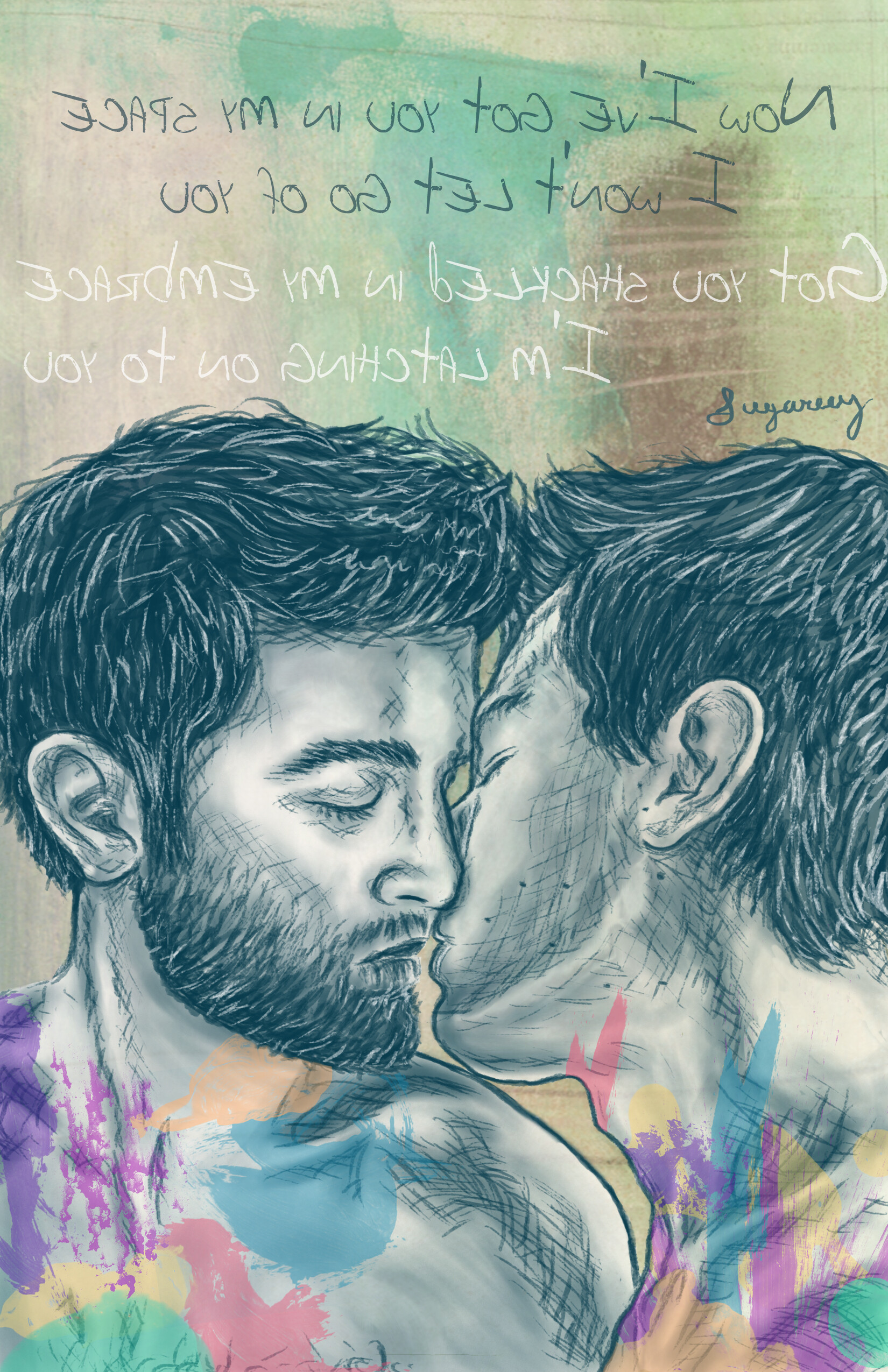 Derek Hale, on the left, and Stiles Stilinski, on the right, are going in for a kiss. They are both shirtless and covered in rainbow splatters of paint neck down.