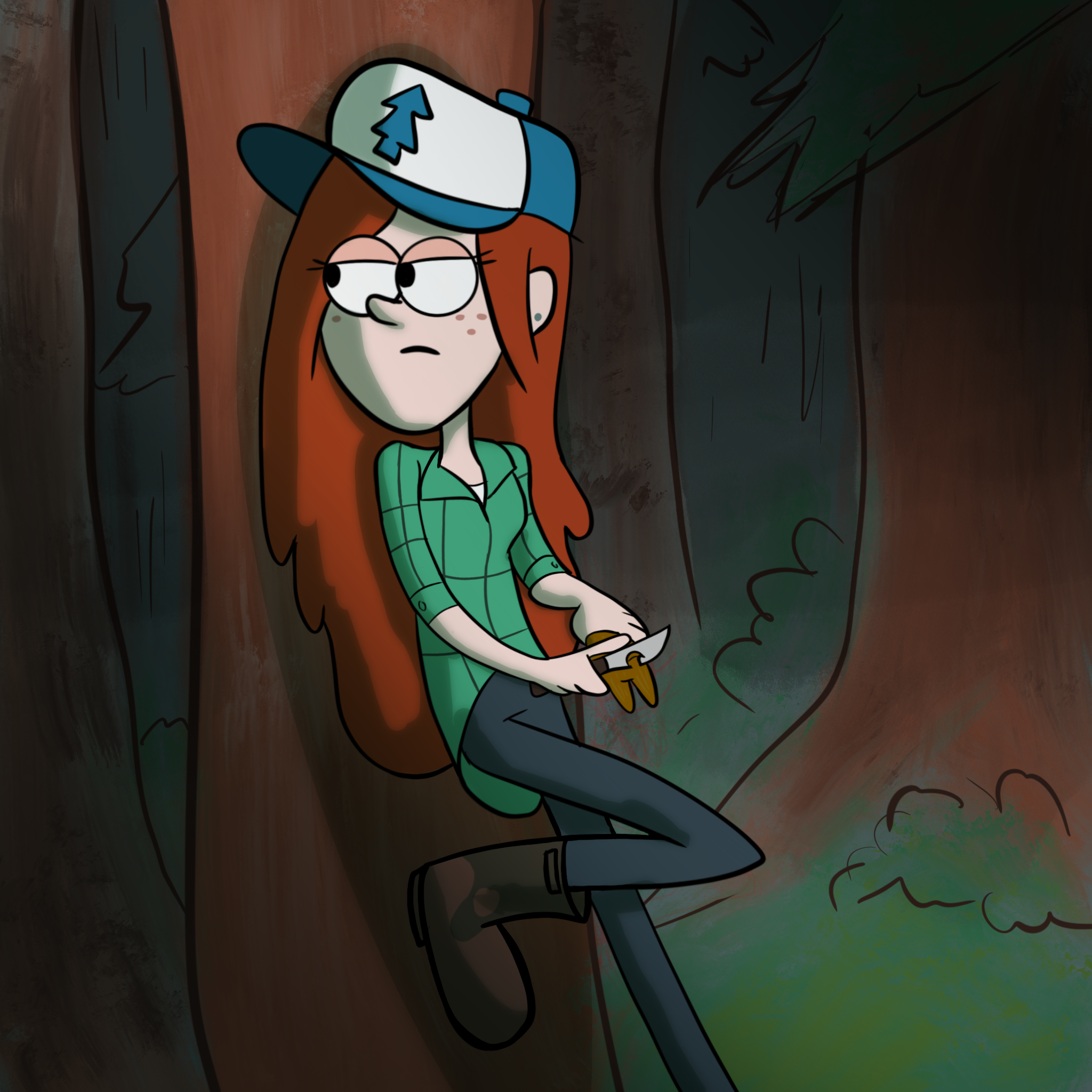 Colored digital drawing of Wendy Corduroy leaning against a tree in a heavily shadowed forest. She's carving something wooden with a pocket knife but glancing over her shoulder like she's keeping watch for something.