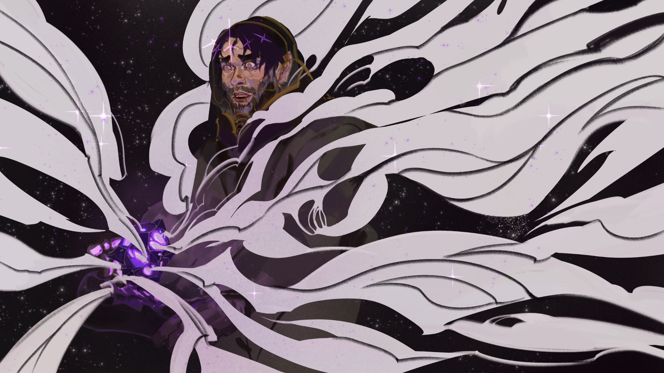 Jayce stands infront of the hexcore in a spacesuit, watching as it pules out white light from its core as he reaches towards it. His face is painted in purple light as he looks down at the monolith's heart, terror waring with exaltation and arrousal waring on his eyes, his mouth parting almost in whine.