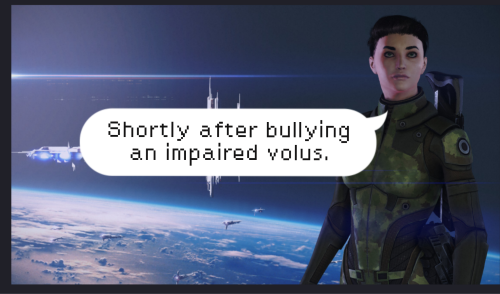 Commander Frankie Shepard stands in a heroic pose. A speech bubble says, "Shortly after bullying an impaired volus."