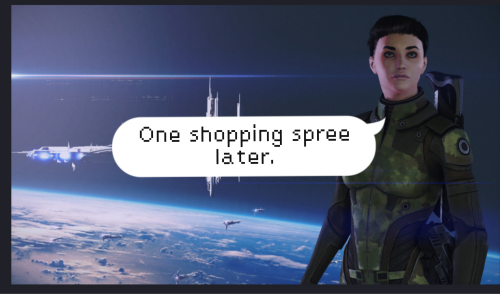 Commander Frankie Shepard standing in a heroic pose. A speech bubble says, "One shopping spree later."