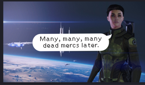 Commander Frankie Shepard stands in a heroic pose. A speech bubble says, "Many, many, many, dead mercs later."