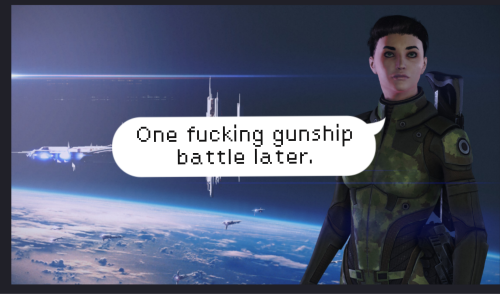 Commander Frankie Shepard stands in a heroic pose. A speech bubble says, "One fucking gunship battle later."