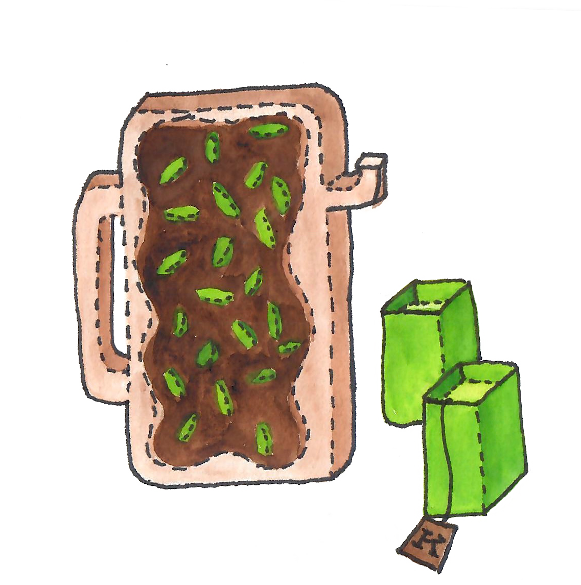 A stylised watercolour painting of a teapot that is a tall and shallow rectangle, kind of like a bar donut. It has a long, rectangular handle and a short spout that sticks out like an L from the body of the teapot. It's the colour of a pale donut with chocolate frosting and green sprinkles. Next to the teapot is a pair of tall rectangular teacups without handles. One of them has a tea bag string hanging out of it with a brown tag that says K.