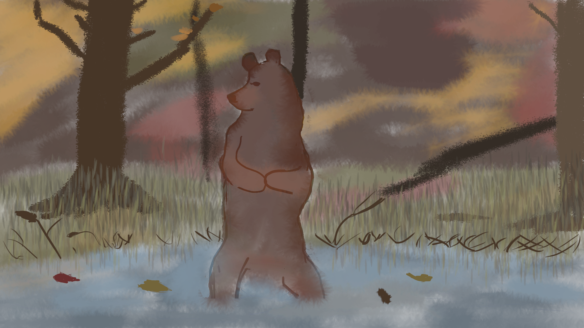 A watercolor-and-ink style digital painting of a brown bear, standing in a river, with leaves and dried grasses about and the sky painted in autumn colors.