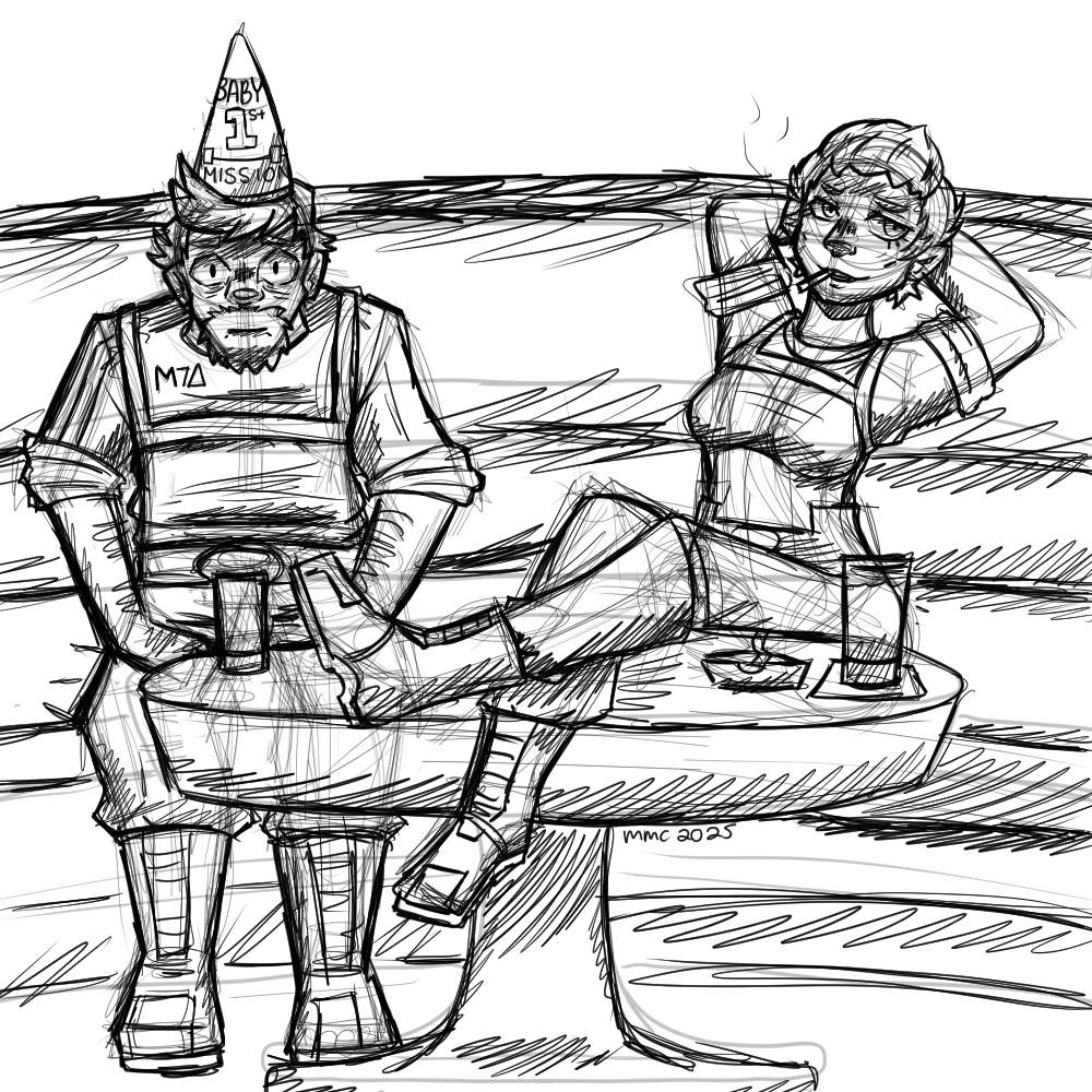 A drawing of Conrad Verner, wearing "M7" fatigues, and a party hat that says, "Baby's 1st Mission" (Mission is taped over "birthday"), he looks miserable. Commander Shepard sits next to him with her feet propped on a table and her arms behind her head while she smokes a cigarette. She looks smug.