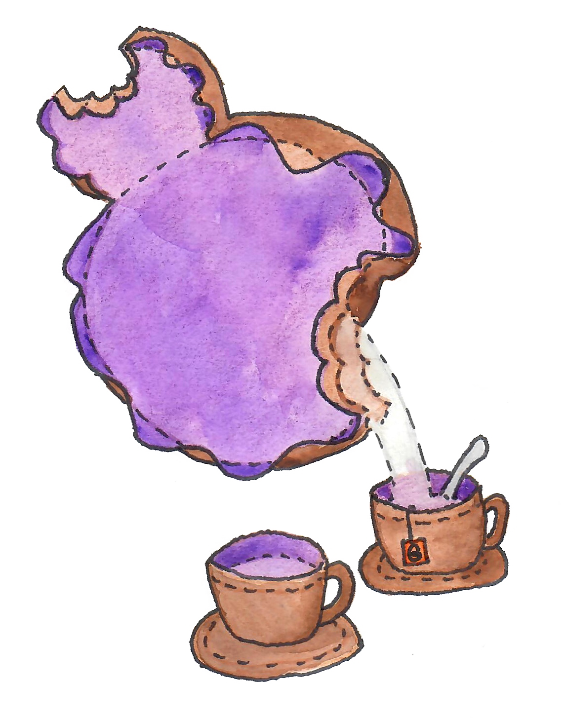 A watercolour painting of a stylised teapot and two teacups. The teapot is flat and circular. The base is brown but it's decorated with a big splodge of purple icing. The spout is formed with a hole that looks like a bite has been taken out of the donut; it pours water into a little brown teacup on a brown saucer, with a spoon in the cup. A tea bag string hangs out of the teacup, attached to an orange tag with a G on it. The inside of the two cups are purple. The handle is a smaller donut attached to the large one, also with a bite taken out of it. The drawing is outlined with thick black lines, dotted along interior borders, like the edge of the frosting.