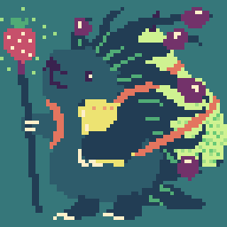 Pixel art of porcupine with a pear backback, grapes stuck in its spines, a strawberry staff, and holding a lemon.