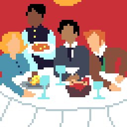 Pixel art of Helen, Aaron, Joel sitting around a restaurant table, Rahim is serving them dishes.