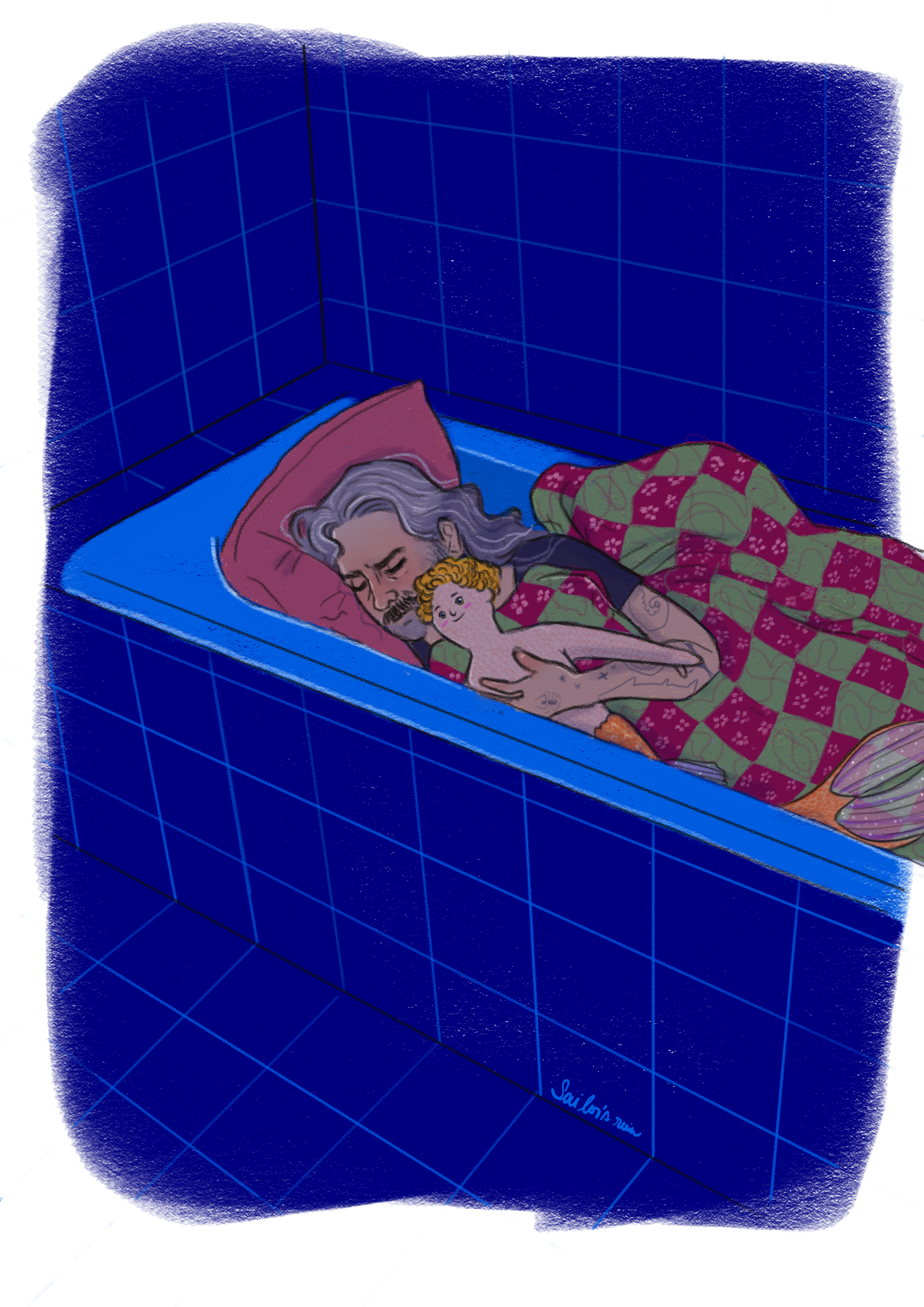 Ed from OFMD, curled up asleep under an ugly quilt in a hotel bathtub with a knitted version of MerStede clutched in his arms.