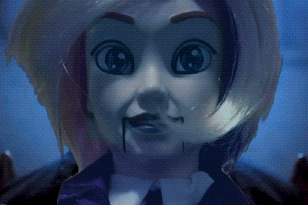 Creepy Enid doll at a tea party