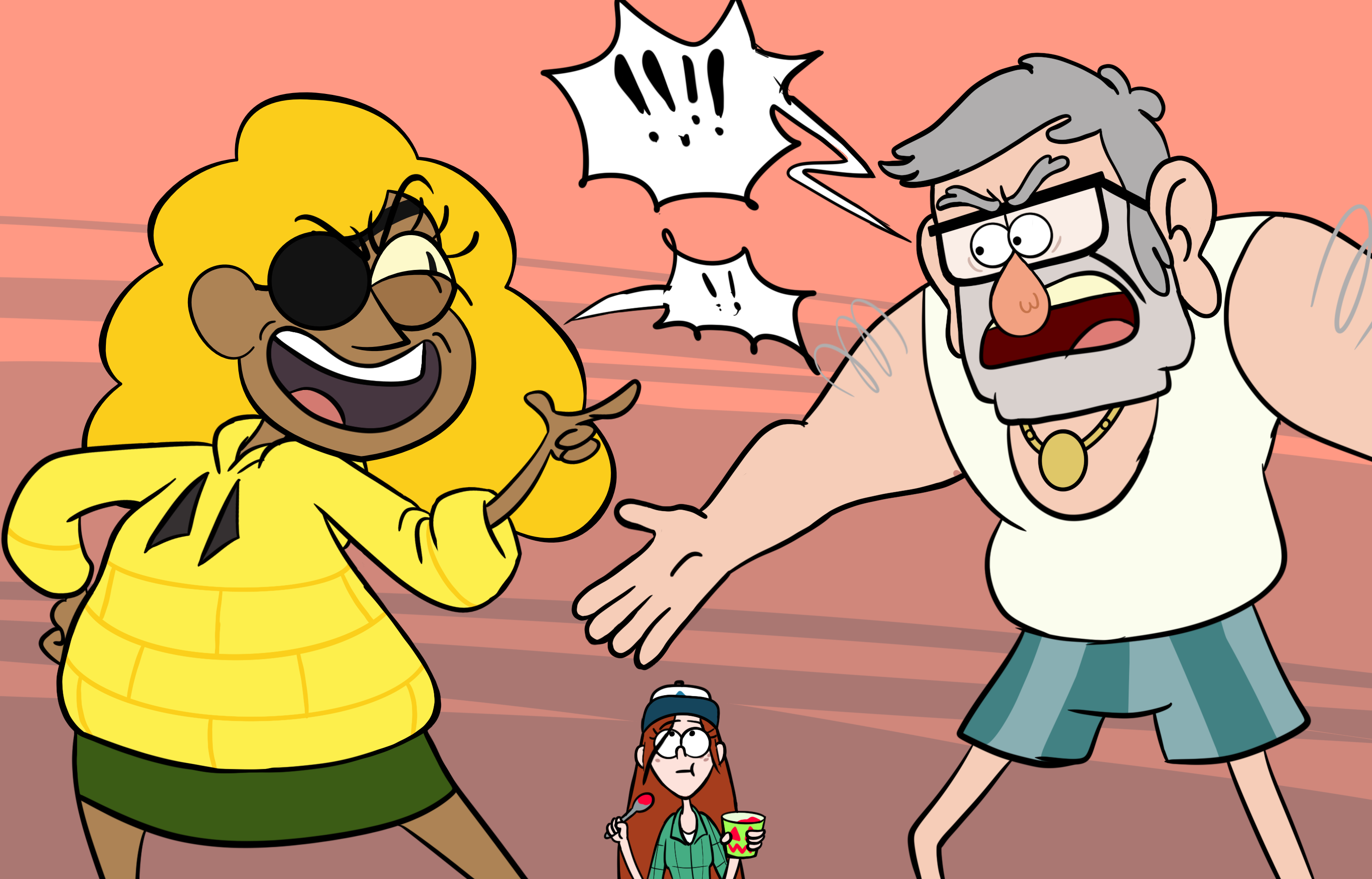 Drawing of human Bill Cipher and Stanley Pines having a loud argument. They're gesturing at each other as they speak, and Stan looks furious while Bill looks angry but smug. Far in the background, Wendy Corduroy eats a pint of ice cream while she watches them fight.