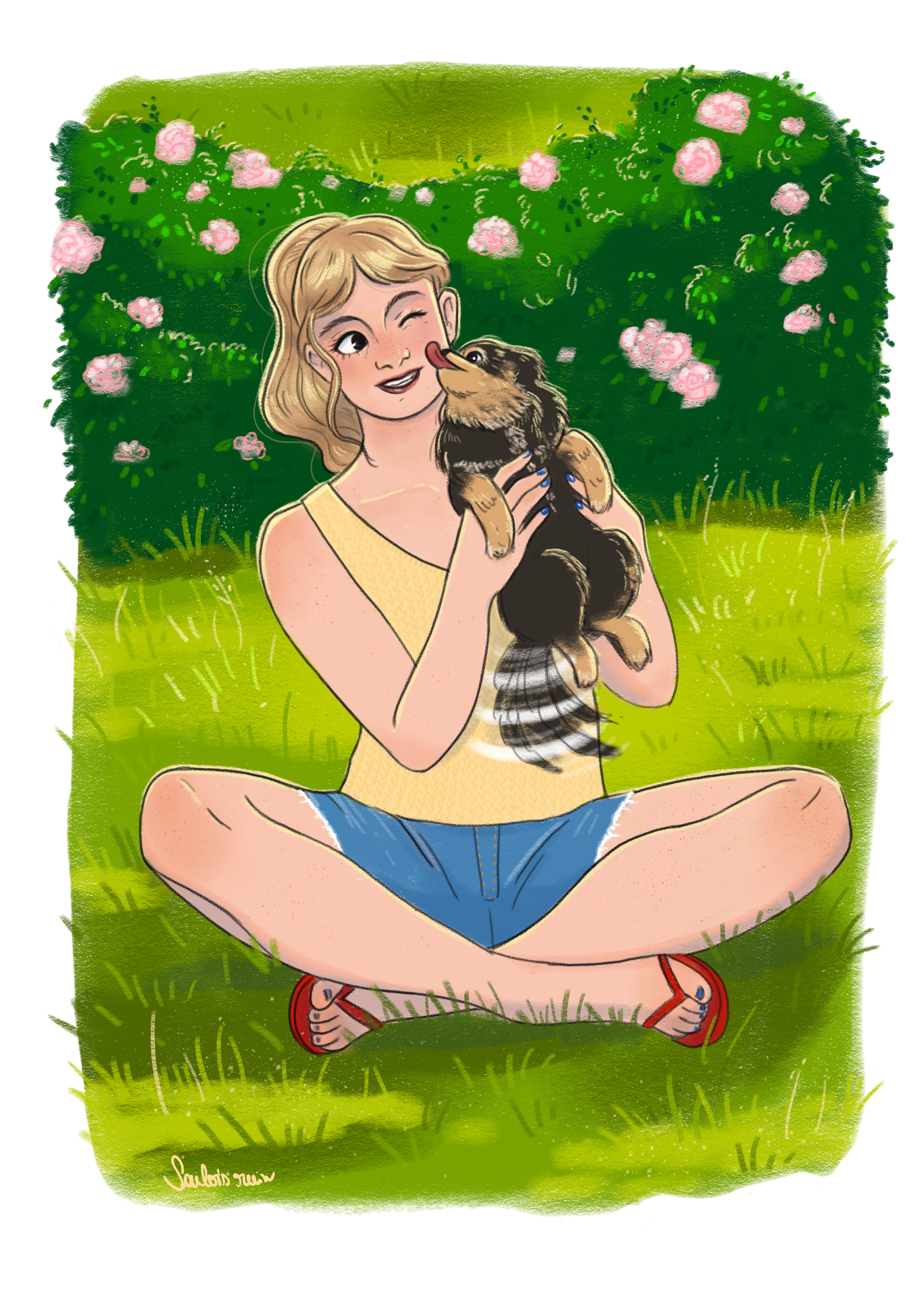 Alma Bonnet from OFMD, modern AU, reuniting with her long-haired chihuahua Dizzy.