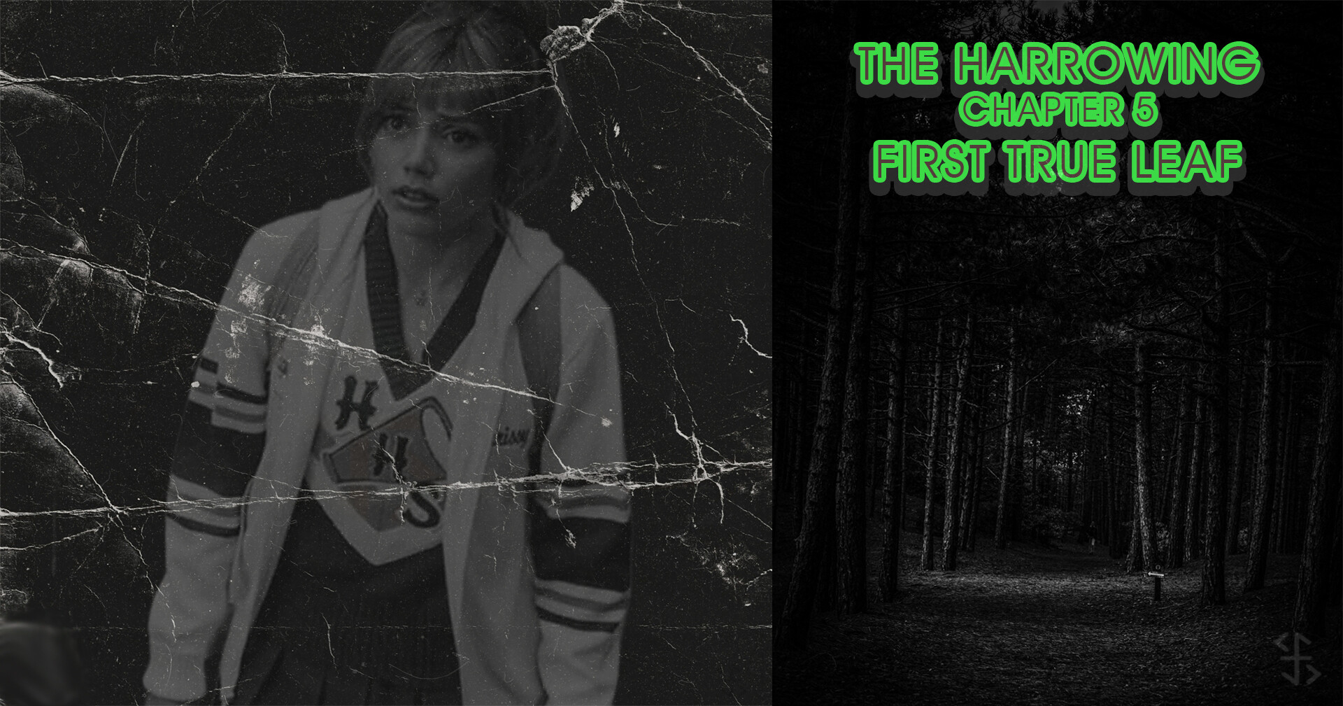 A woman in a cheerleader uniform on a gray background next to a forest in the dark, with the words THE HARROWING CHAPTER 5 FIRST TRUE LEAF