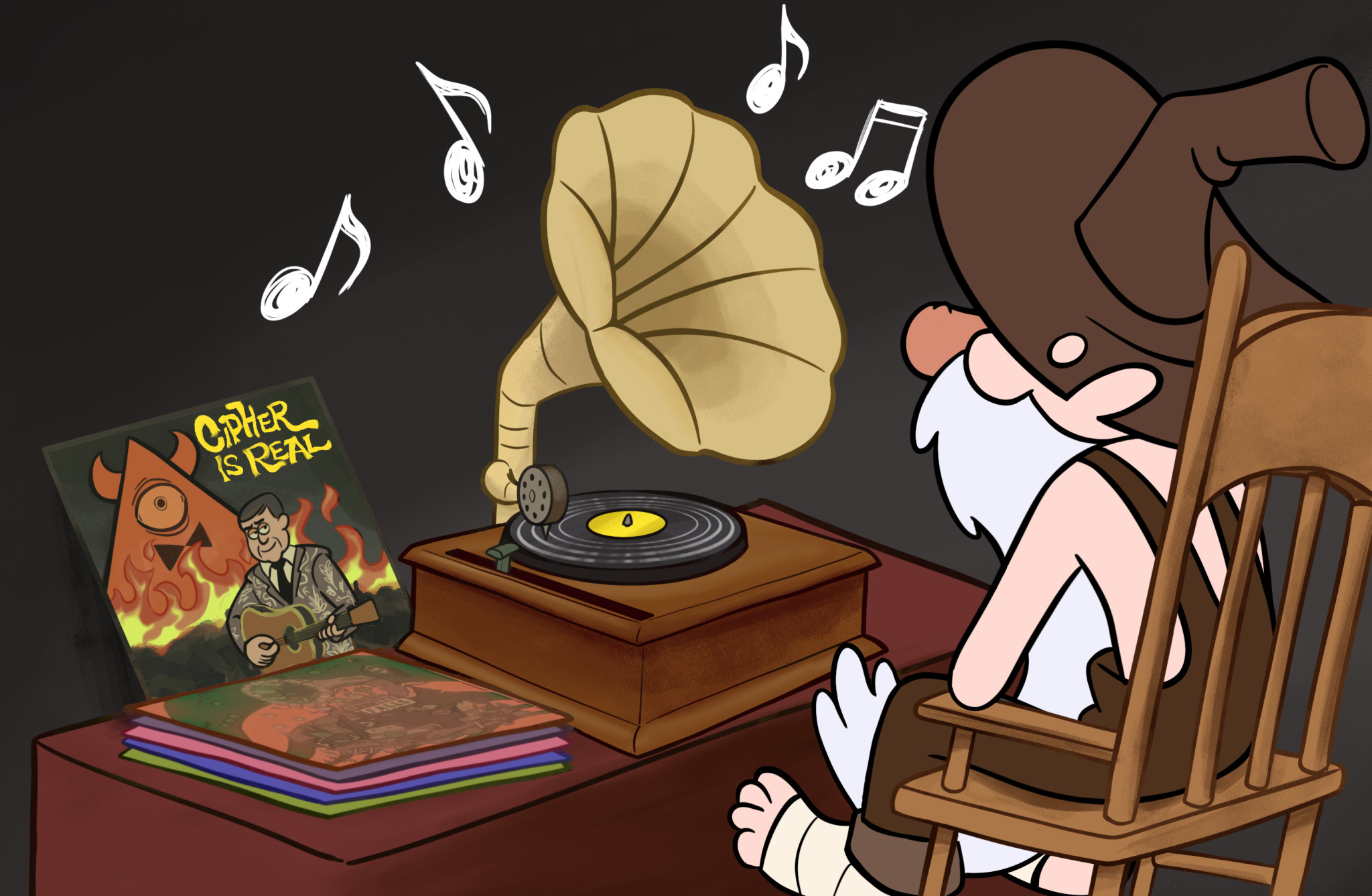 Colored digital image of Fiddleford McGucket from behind sitting in a rocking chair in front of a playing record player with a stack of records next to it. The album "Cipher is Real," which is a parody of the album cover of "Satan is Real," is propped up on the wall beside the record player.