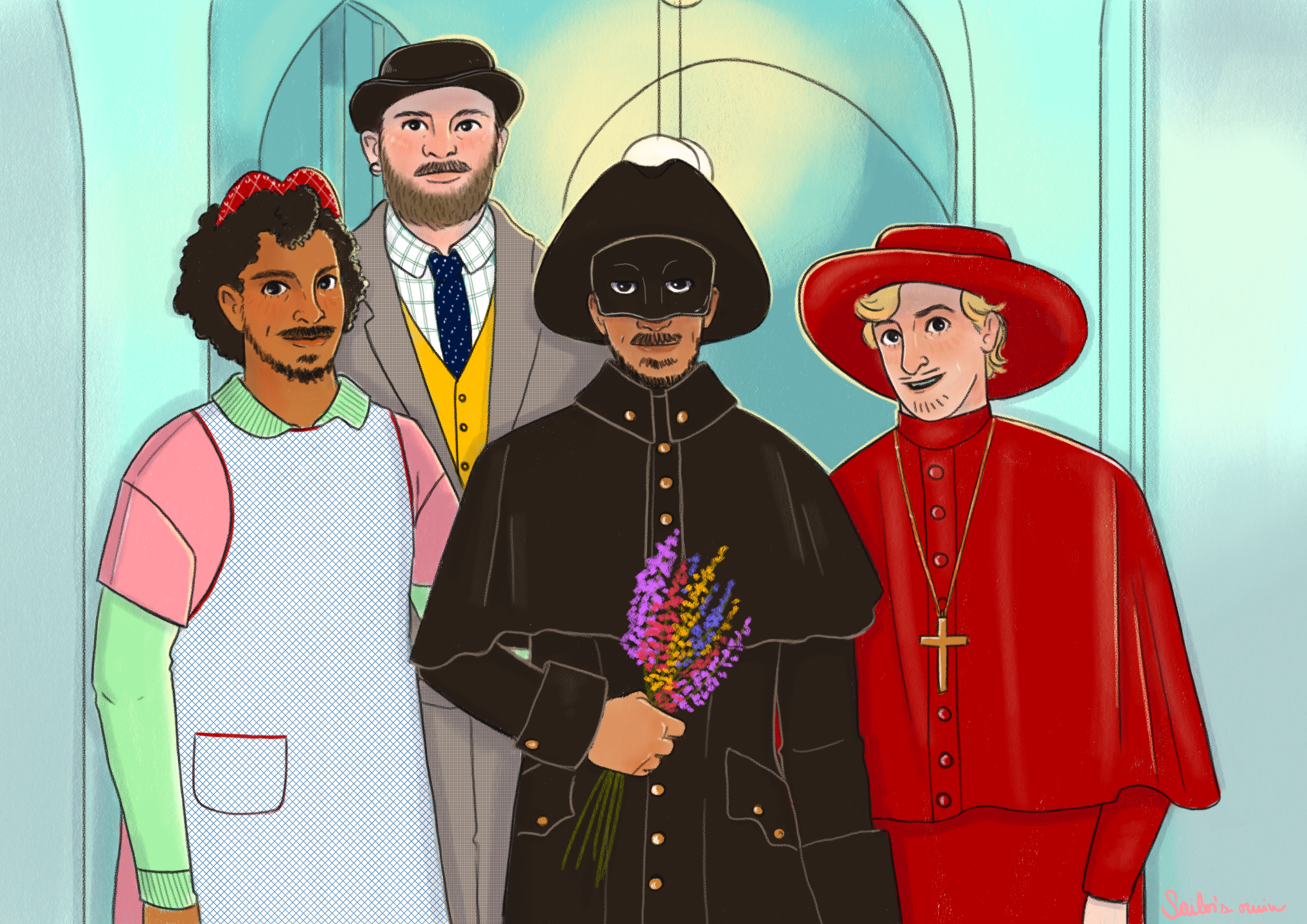 From left to right: Roach as the spam lady, Wee John as the upperclass twit of the year, Frenchie as Dennis Moore, and Stede as Cardinal Ximénez 