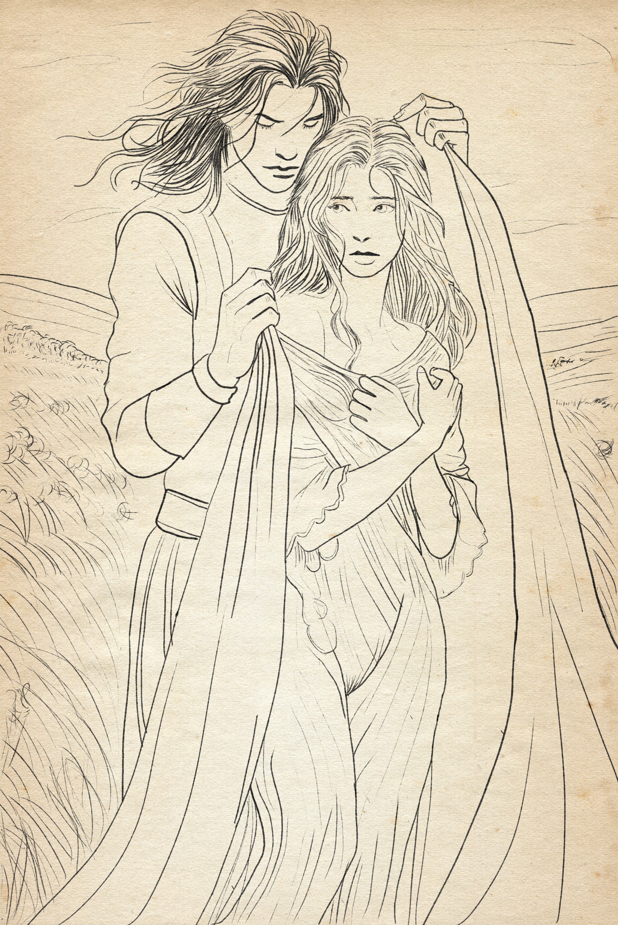 Drawing of a man with dark hair placing a cloak over a woman in a sheer dress covering her breasts