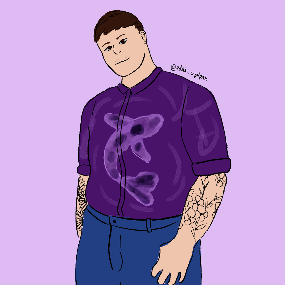 Digital drawing with flat colours of Kankurou. He is a fat white man with short brown hair. He is wearing blue jeans and a purple shirt with a wartercolour koi fish print and rolled sleeves. He is wearing a chest binder underneath it. He has tattoos over his forarms, flowers and foilage on his left arm and sunflowers on his right arm. He has a few moustache hair and a black stud earing.