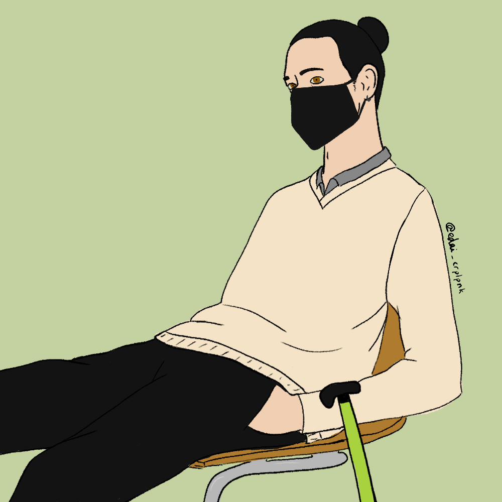Digital drawing with flat colours of Shikamaru. He is a skinny white man with long black hair in a bun. He has light brown eyes. He is sitting slouched on a wooden and metal chair with his hands in his pockets. He is wearing a beige sweater over a grey shirt and black pants. He wears a black face mask and a small silver loop earing. A lime green cane is resting against the chair.