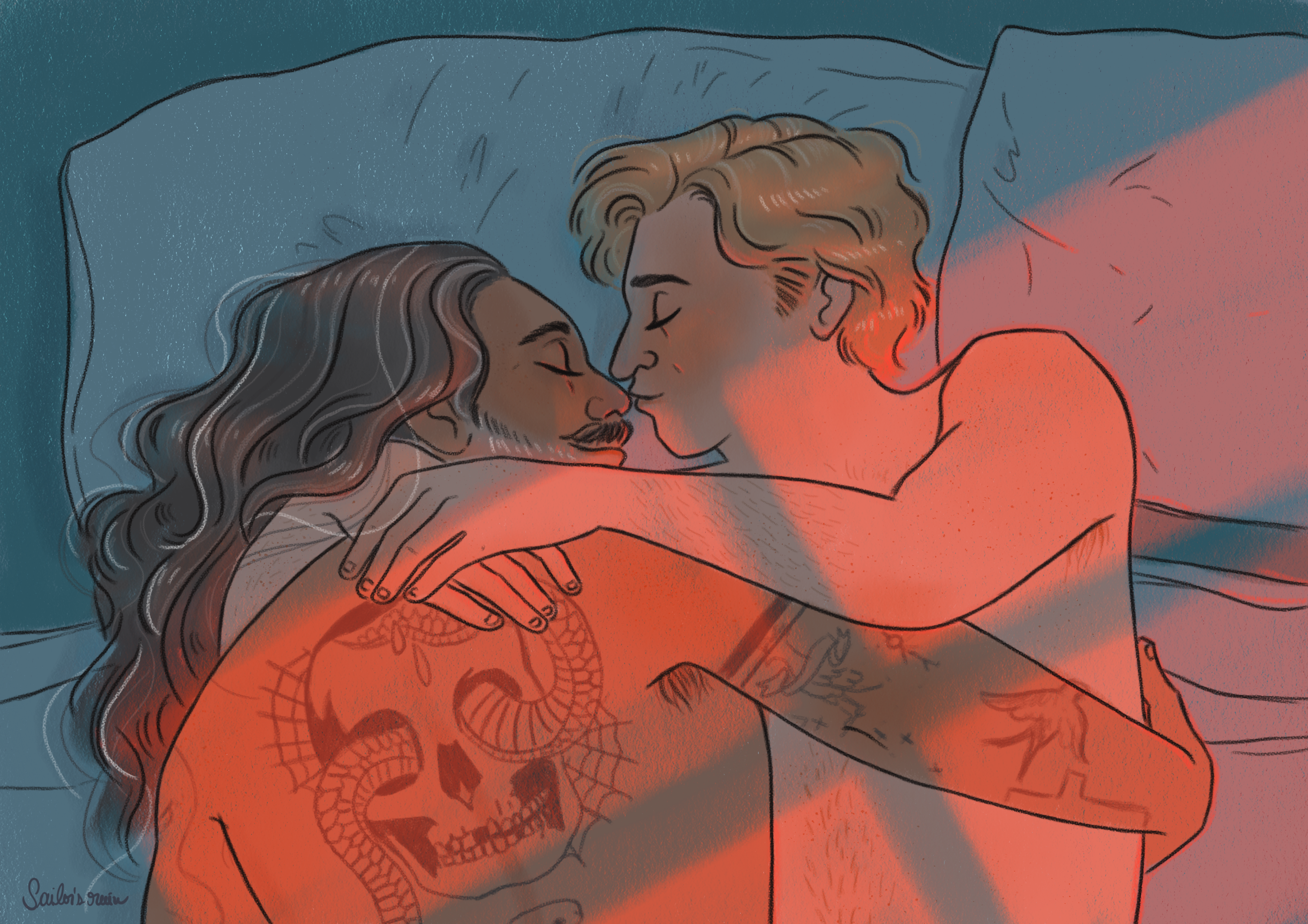 Ed and Stede from OFMD in bed in beautiful warm lighting. Stede is kissing Ed's nose.