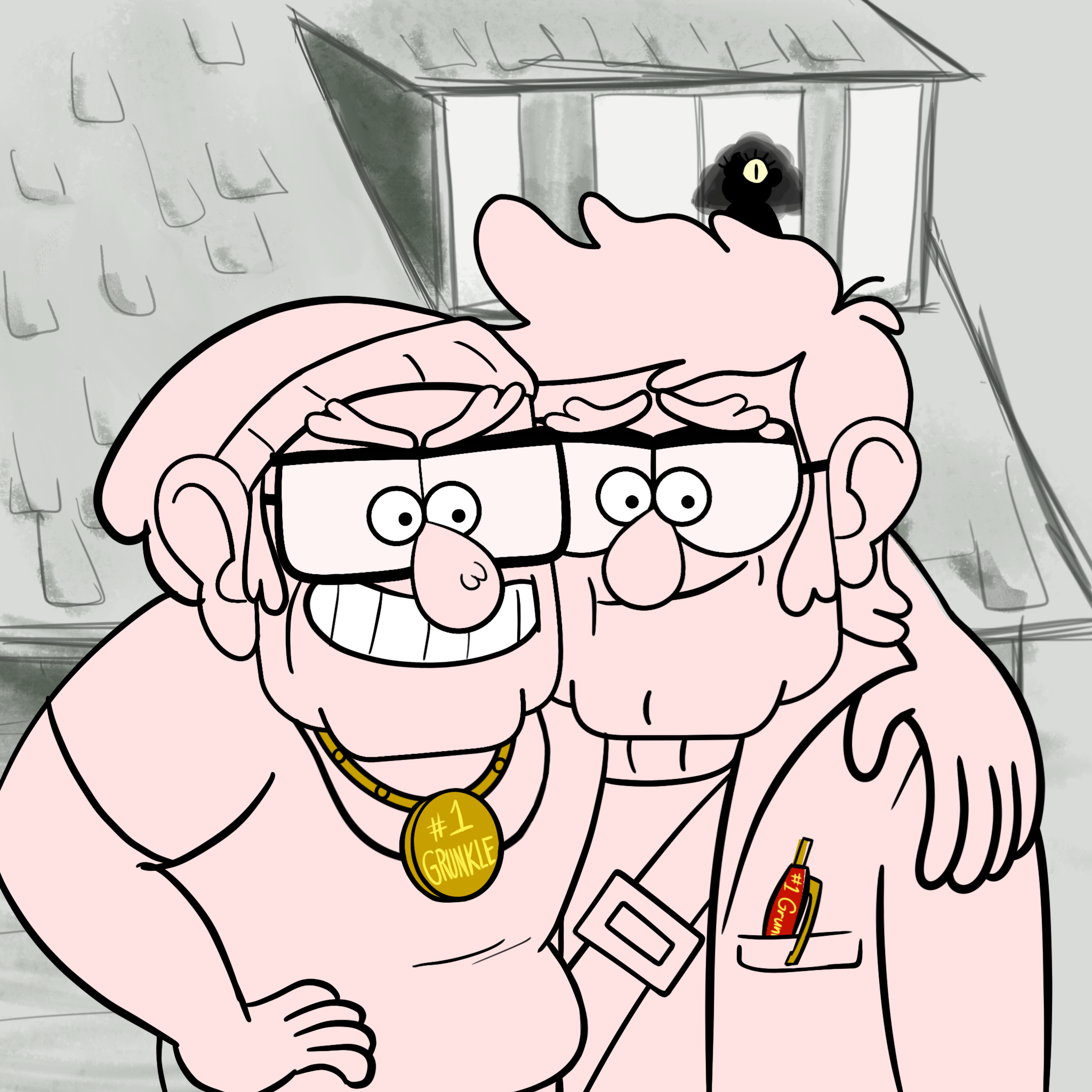 digital gravity falls fanart of Grunkle Stan and Grunkle Ford standing together in front of the shack smiling with Stan's arm around Ford's shoulder. Stan is wearing a gold medallion necklace and ford has a red and gold pen in his pocket; the necklace and pen both have "#1 Grunkle" engraved on them. In a window in the shack above and behind them, human Bill Cipher is visible as a silhouette, watching the Stans.