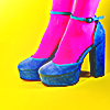 stock photo of a person in highly saturated magenta tights wearing deep blue velvet heels shoes against a yellow backdrop