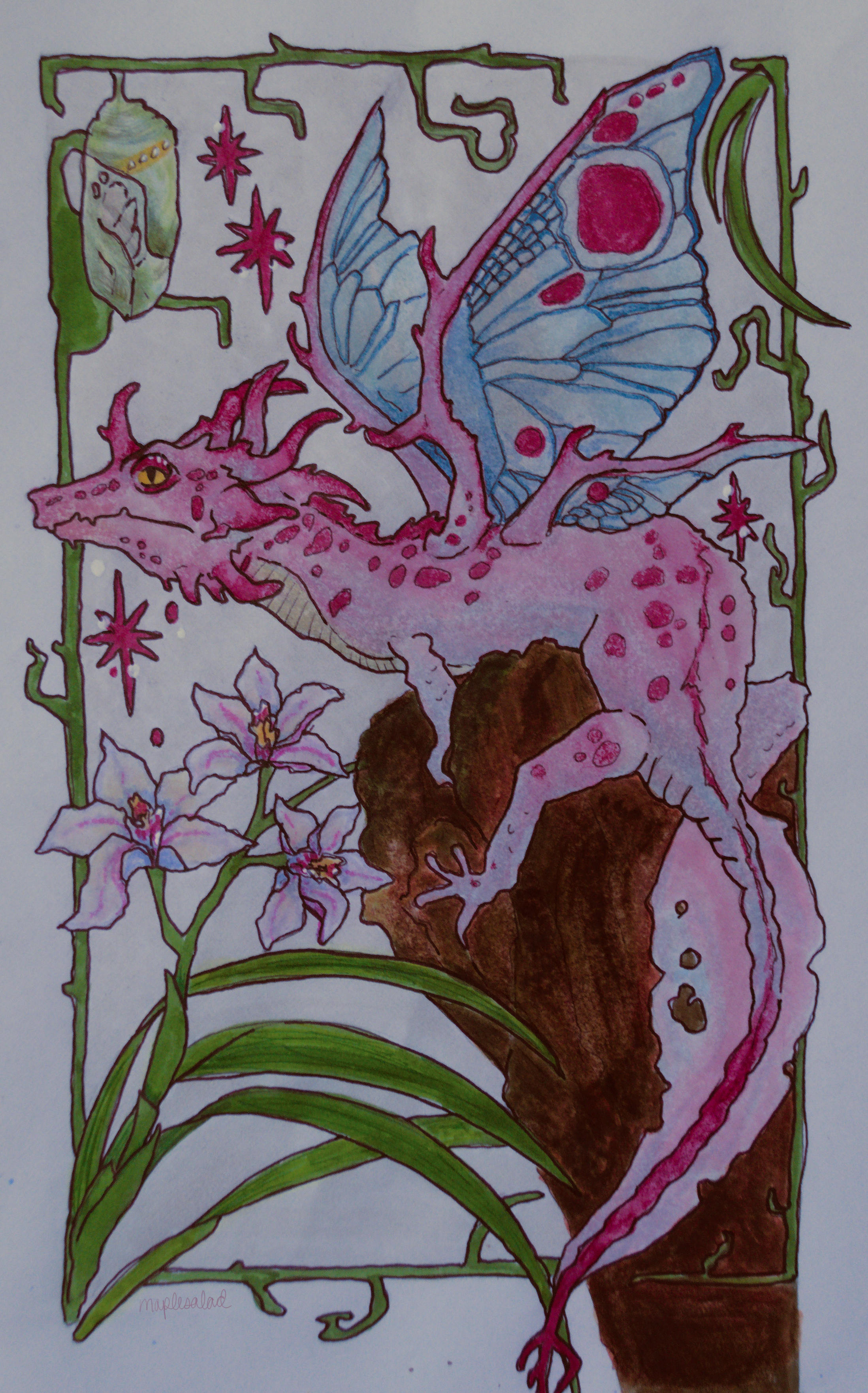 A butterfly dragon with orchids.